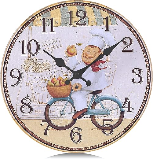 Lafocuse 12 Inch Rustic Farmhouse Wooden Wall Clock Silent Non Ticking, Battery Operated Vintage Shabby Chic Chef Clocks for Kitchen Dinning Room Living Room