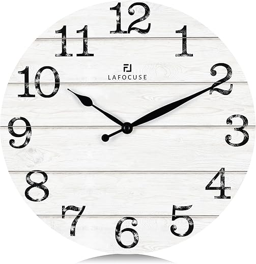 Lafocuse 12 Inch Wooden Farmhouse White Wall Clocks, Rustic Distressed Clock Silent,Vintage Kitchen Clocks Wall Battery Operated Decorative for Living Room Bedroom Office-Version 2.0