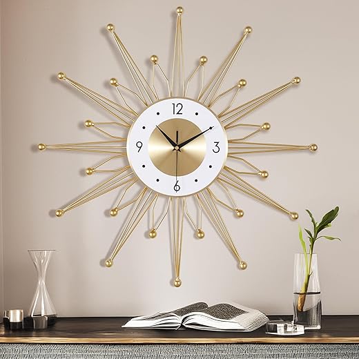 Lafocuse 23 Inch Metal Gold Starburst Wall Clock, Large Mid Century Modern Wall Clocks, Art Deco Wall Clocks for Living Room Kitchen Office