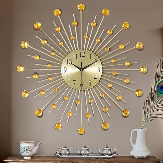 Lafocuse 23 Inch Silent Metal Bling Crystal Sunburst Wall Clock Gold Battery Operated, Large Mordern Art Deco Starburst Mid Century Wall Clock for Living Room Kitchen Office