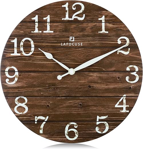 Lafocuse Silent 12 Inch Wooden Brown Wall Clock Farmhouse Style, Vintage Rustic Clocks for Walls, Distressed Kitchen Clock Decorative for Living Room Bedroom Office-Version 2.0