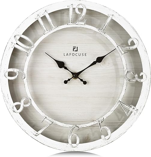 Lafocuse Silent White Rustic Farmhouse Wall Clock with Raised 3D Arabic Numerals for Home Decor 12 Inch, Battery Operated Shabby Chic Kitchen Wall Clocks Decorative for Living Room Bedroom Office