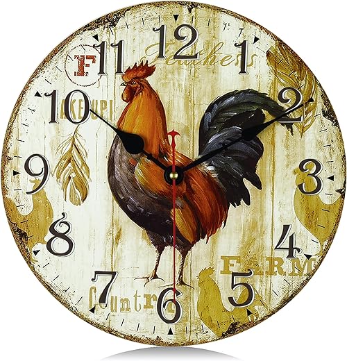 Lafocuse Wooden Rooster Wall Clock Silent Non Ticking 12 Inch,Battery Operated Vintage Shabby Chic Rustic Farmhouse Kitchen Clocks Wall Decorative for Living Room Bedroom Office