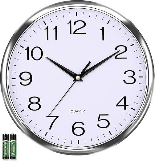 LAIGOO 12 inch Analog Wall Clock Silver, Silent Non-Ticking, Decorative Modern Wall Clock Battery Operated for Living Room Bathroom Bedroom Kitchen Office School