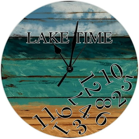 Lake Time Wall Clock Tuscan Retired Clock Beach Wood Grain Style Large Pvc Wall Clocks Battery Operated 10 Inch Non-Ticking Rustic Cabin Wall Home Decor For Kitchen Living Room Bedroom Office