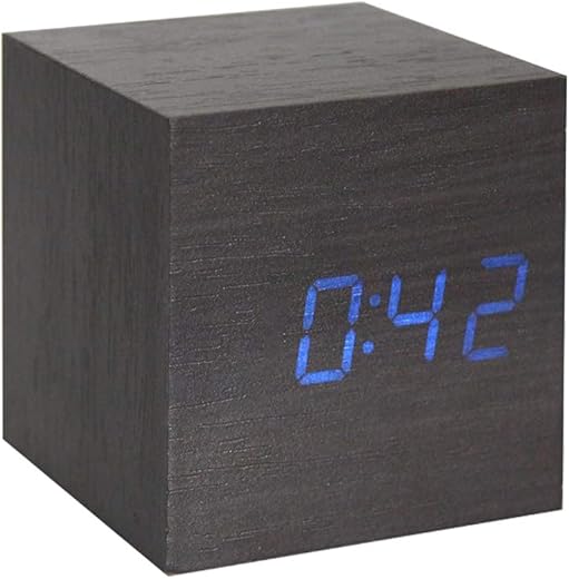 Lancoon Wooden Alarm Clock - Mini Cube LED Digital Clock with Time/Date/Temperature Display, 3 Levels Brightness and Voice Control Great for Home Office Travel - AC10Black_Blue