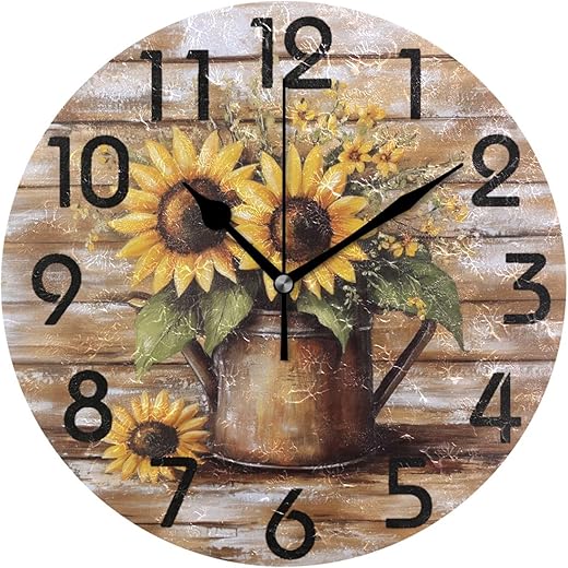 Large 10 Inch Decor Round Wall Clock, Retro Watering Can Blooming Sunflowers Battery Operated Analog Quiet Non Ticking Desk Clock for Home/Kitchen/Living Room/Bedroom/Bathroom/Office