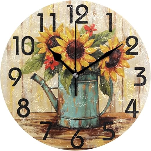 Large 10 Inch Decor Round Wall Clock, Sunflowers in Old Watering Can Board Battery Operated Analog Quiet Non Ticking Desk Clock for Home/Kitchen/Living Room/Bedroom/Bathroom/Office