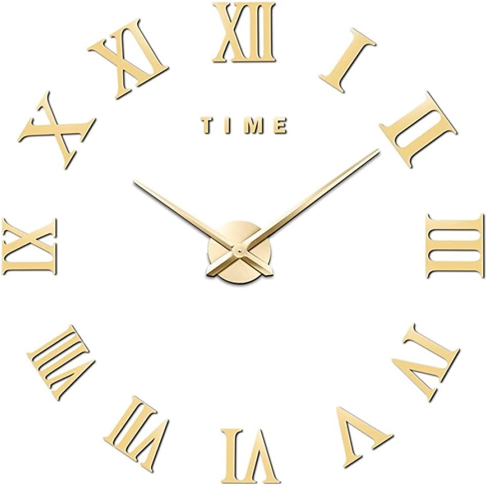 Large 3D DIY Wall Clock, Giant Roman Numerals Clock Frameless Mirror Big Wall Clock Home Decoration for Living Room Bedroom No Battery (Gold) Digit Timer