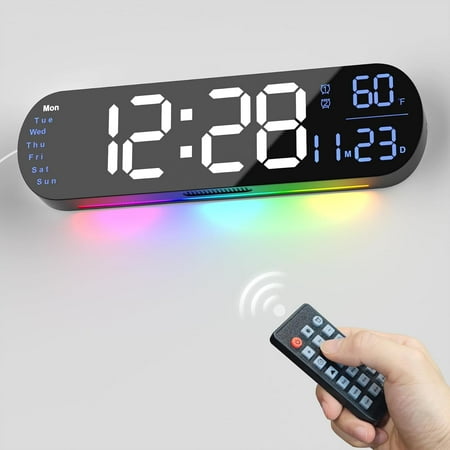 Large Digital Wall Clock with Remote Control 13.7’’, Auto Brightness, 9 RGB Ambient Light, Dual Alarm Clock&Timer, 12/24H Mode, Temperature for Bedroom, Wall Decor Gift for Elder, Black