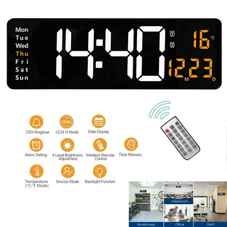 Large Digital Wall Clock with Remote Control, 16.5 Inch LED Large Display Count Up & Down Timer, Adjustable Brightness Alarm Clock with Day/Date/Temperature for Home, Gym, Office(Orange)