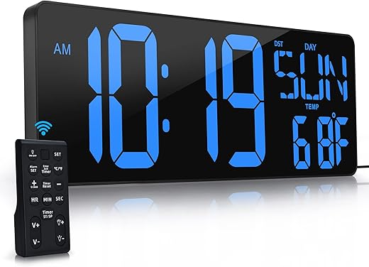 Large Digital Wall Clock with Remote Control 17.2 LED Large Display Timer with Temperature Date Week Auto DST Adjustable Brightness, Big Wall Alarm Clock for Living Room Office Garage Gym Seniors