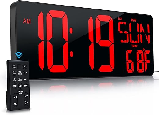 Large Digital Wall Clock with Remote Control 17.2" LED Large Display Timer with Temperature Date Week Auto DST Adjustable Brightness, Big Wall Alarm Clock for Living Room Office Garage Gym Seniors