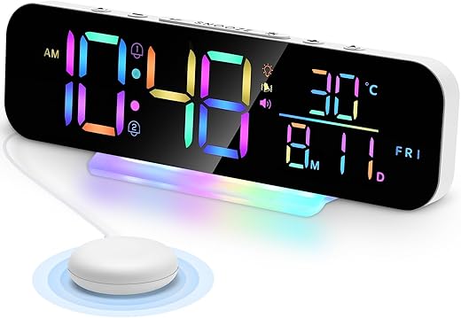 Large Display Digital Alarm Clock for Bedroom Living Room Office Decor,Dual Alarm,Extra Loud,Flashing Light for Heavy Sleepers,Bed Shaker for Hearing Impaired,Week/Date/Temp (White)