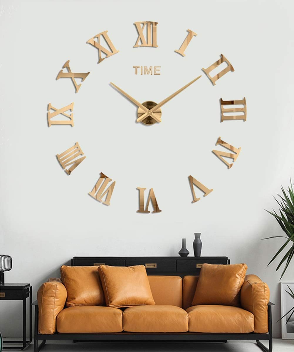 Large DIY Wall Clock Kit, 3D Frameless Wall Clock with Mirror Number Stickers for Home Living Room Bedroom Office Decoration-Gold 021