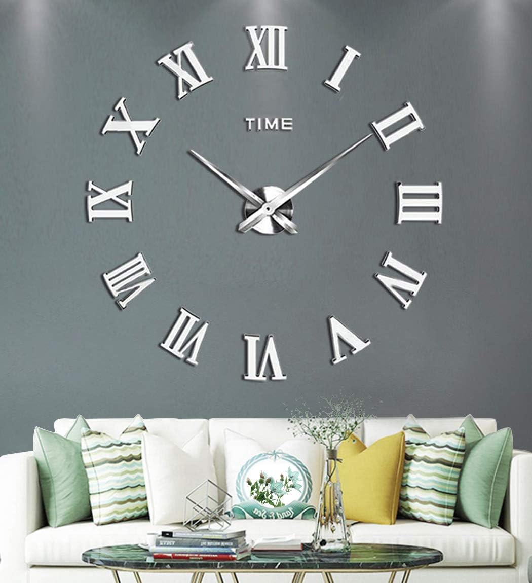 Large DIY Wall Clock Kit, 3D Frameless Wall Clock with Mirror Number Stickers for Home Living Room Bedroom Office Decoration-Silver 021