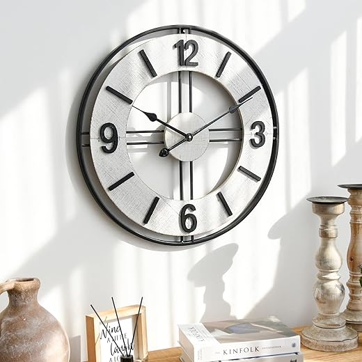 Large Farmhouse Wood and Metal Wall Clock, Rustic Oversized Wall Clock Silent Non-Ticking Wall Clock for Home, Kitchen, Living Room, Battery Operated 24 Inch White