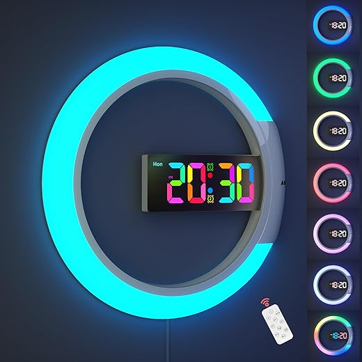 Large LED Digital Wall Clock, 12 inch Round Wall Alarm Clock with Remote Conrol RGB Night Light Temperature Week Dual Alarms Wall Electronic Clocks for Living Room Bedroom Home Office