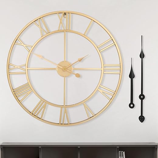 Large Modern Metal Wall Clocks Rustic Round Silent Non Ticking Battery Operated Gold Roman Numerals Clock for Living Room/Bedroom/Kitchen Wall Decor-47cm