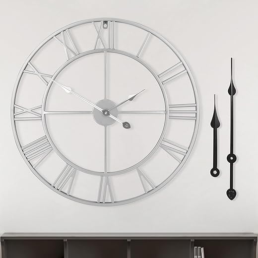 Large Modern Metal Wall Clocks Vintage Round Nearly Silent Little Ticking Battery Operated Silver Roman Numerals Clock for Living Room/Bedroom/Kitchen Wall Decor-60cm