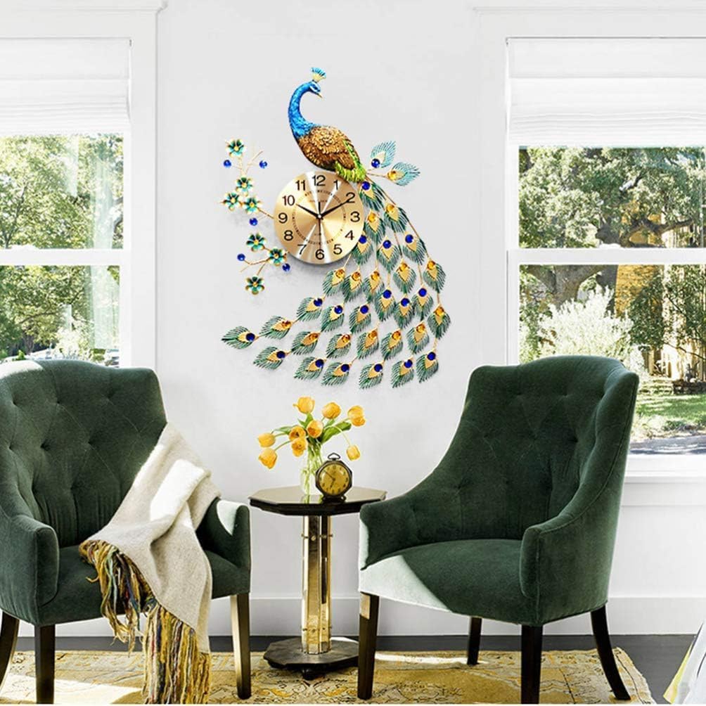 Large Peacock Wall Clock 29.5 inch 3D Creative Luxury Wall Clock Silent Non-Ticking Battery Operated Modern Art Decorative Wall Clocks Living Room Decor Big Clock