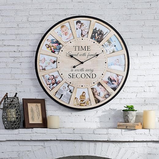 Large Picture Frames Collage Wall Clock, Vintage Rustic Clock Wall Decor, Big Farmhouse Wall Clock for Home, Kitchen, Living Room, Silent Battery Operated 25 Inch Natural