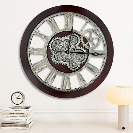 Large Real Moving Gears Wall Clock 30 inch Rustic Retro Industrial Farmhouse Wood Clock Oversized Decorative Vintage Wall Clocks for Living Room (Cherry red and Bronze, 18 Inch/46CM)