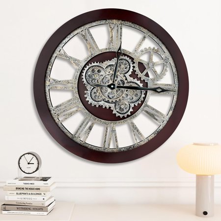 Large Real Moving Gears Wall Clock 30 inch Rustic Retro Industrial Farmhouse Wood Clock Oversized Decorative Vintage Wall Clocks for Living Room (Cherry red and Bronze, 18 Inch/46CM)