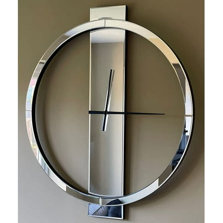 Large Round Wall Clock, 23 Mirror Glass Finish, Black Painted Wooden Edges, Beveled Mirrored Front, Battery Operated, Easy Installation