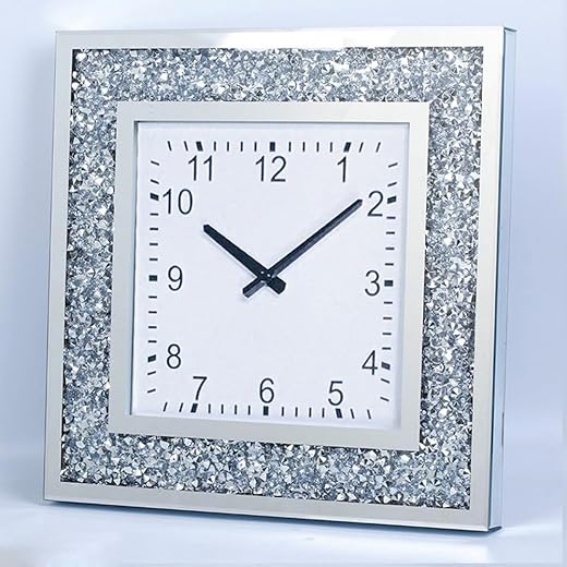 Large Size Crushed Diamond Mirror Wall Clock,Crystal Diamond Art Decor Living Room Home Kitchen School Office (Silver-Square 50CM)