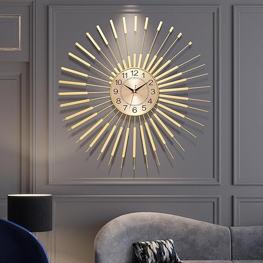 Large Starburst Wall Clock Non-Ticking Battery Operated Sunburst Clock Modern Wall Clock Round Gold Wall Clock Home Decorations for Living Room Bedroom Kitchen Office