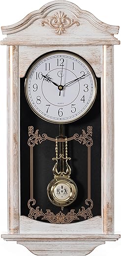 Large Vintage Grandfather Wood- Looking Plastic Pendulum Wall Clock for Living Room, Kitchen, or Dining Room, Large White