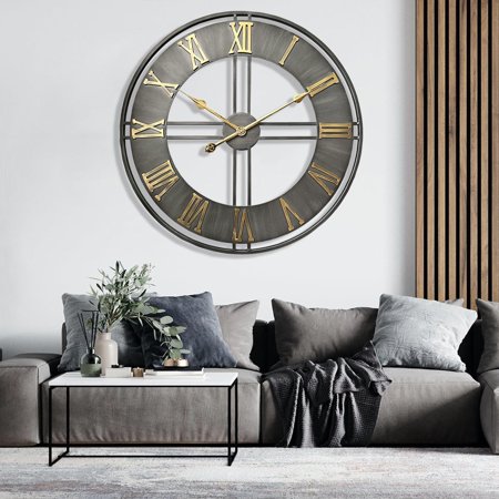 Large Wall Clock,24 Metal Decorative Round Wall Clocks,Quality Quartz Movement Silent Retro Roman Numerals Clock for Living Room Bedroom Kitchen Decor