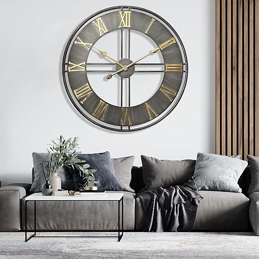 Large Wall Clock,24" Metal Decorative Round Wall Clocks,Quality Quartz Movement Silent Retro Roman Numerals Clock for Living Room Bedroom Kitchen Decor