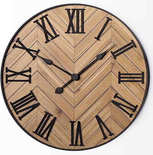 Large Wall Clock 24" Round - Silent Metal & Wood Large Clock - Farmhouse Wall Clock Large - 24 Inch Wall Clock For Living Room Decor - Big Wall Clock Roman Numerals - Wall Clocks For Living Room Decor