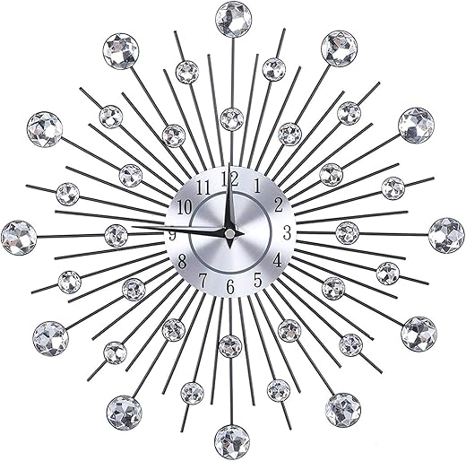 Large Wall Clock, Decorative Home Clock for Living Room, Office, Sparkling Bling Metallic Silver Flowers Shaped Wall Clock, Big Modern Wall Clock(Flower -1)