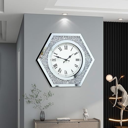 Large Wall Clock for Living Room Decor Crystal Crush Diamond Mirrored Sparkle Twinkle Bling Modern Wall Clock Big Silver Mirror Home Decorative 20 inch Silent Wall Clock for Indoor Decor