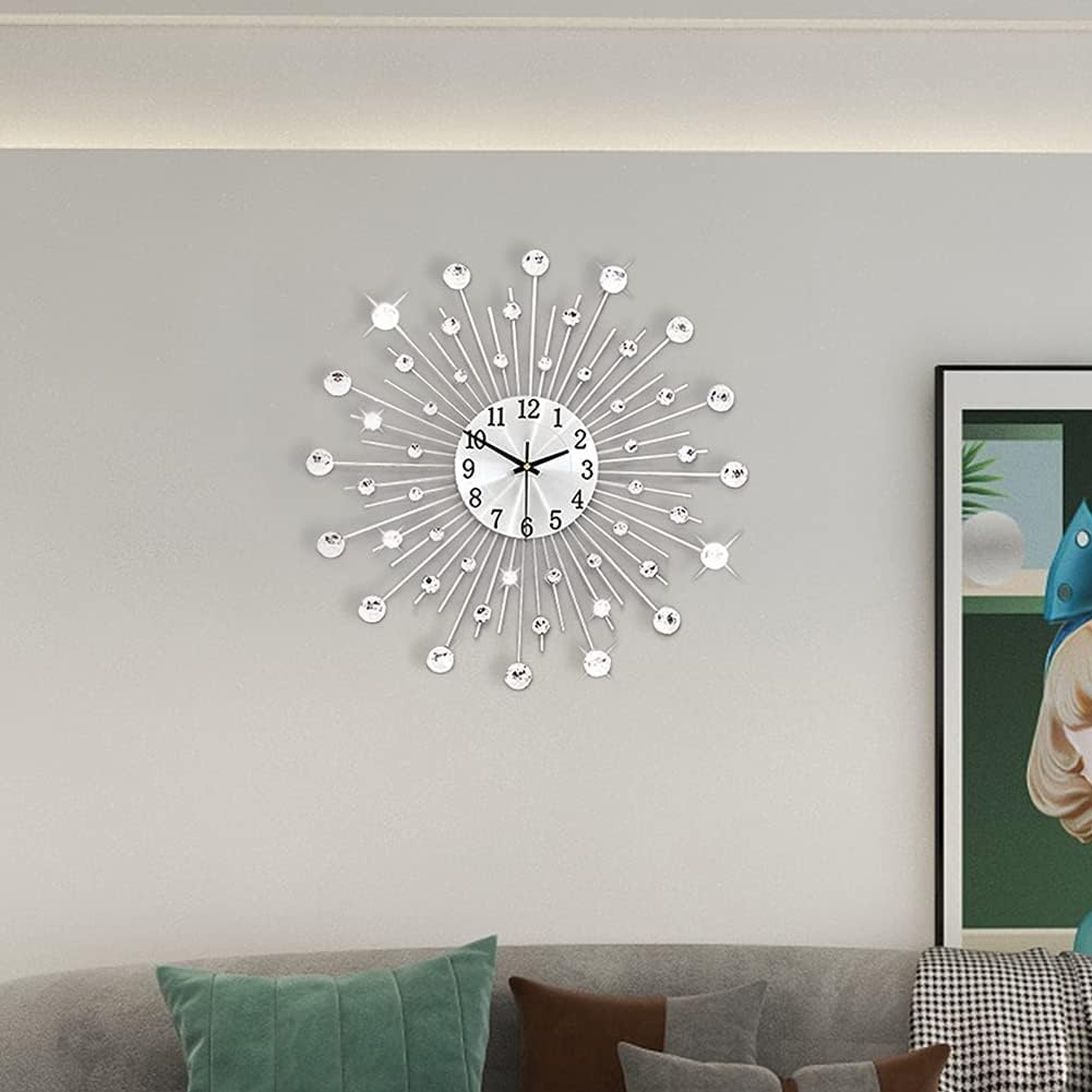 Large Wall Clock for Living Room Decor Modern Big Crystal Non-Ticking Quiet Wall Clocks Decorations for Kitchen Office, Silent Giant Clock Battery Operated Quartz Decorative Indoor Bedroom, Silver…