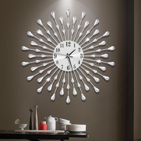 Large Wall Clock Metal Decorative Wall Clocks Silent Non-Ticking,Bling Shining Modern Art Starburst Big Wall Clocks for Living Room Bedroom Dining Room Kitchen Decor,Dia 19.7 Inch Silver