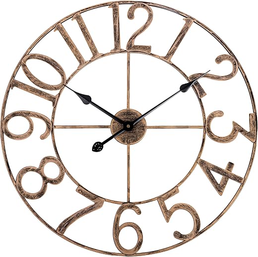 Large Wall Clocks for Living Room Decor, Silent Analog Battery Operated Wall Clock, 24 Inch Bronze Rustic Farmhouse Metal Wall Clock for Indoor, Outdoor