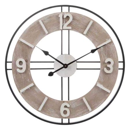 Large Wood and Metal Wall Clock, 24 Inch Decorative Farmhouse Wall Clock, Silent Non-Ticking Wall Clock for Home, Kitchen, Living Room, Battery Operated