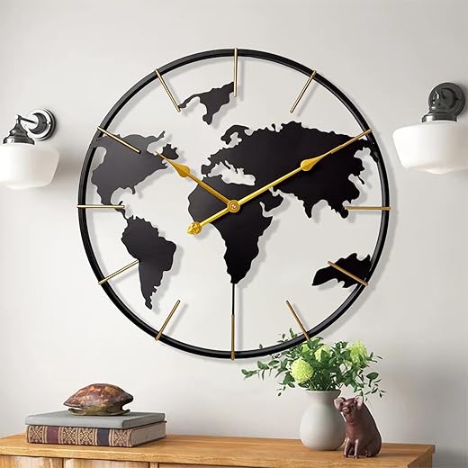 Large World Map Wall Clock,Metal Minimalist Modern Clock,Round Silent Non-Ticking Battery Operated Wall Clocks for Living Room/Home/Kitchen/Bedroom/Office/Farmhouse Decor (24 Inch)