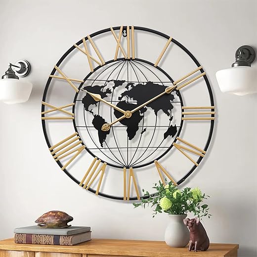 Large World Map Wall Clock,Metal Minimalist Modern Clock, Round Silent Non-Ticking Battery Operated Wall Clocks for Living Room/Home/Kitchen/Bedroom/Office/School Decor (24 Inch)