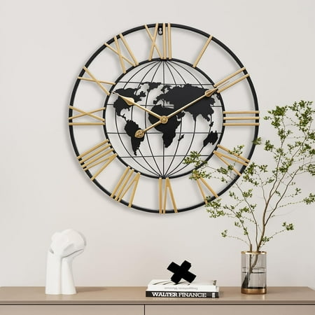 Large World Map Wall Clock,Metal Minimalist Modern Clock, Round Silent Non-Ticking Battery Operated Wall Clocks for Living Room/Home/Kitchen/Bedroom/Office/School Decor (24 Inch)