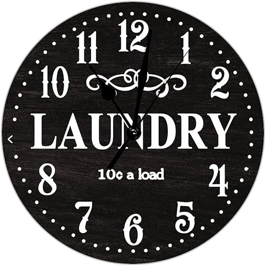 Laundry Clock Black Laundry Room Clocks Silent Wall Clock 10 inch Wall Clocks Battery Operated Retro Bathroom Wooden Wall Clocks for Office Laundry Room Beach House Retirement Farmhouse