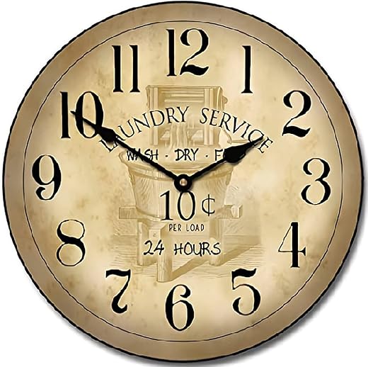 Laundry Room Wall Clock Vintage Wooden Round Clock Wall Decor 10 Inch Battery Operated Decorative Wall Clock Silent Round Wood Wall Clock Hanging Clocks for Bedroom Decor Living Room Clocks