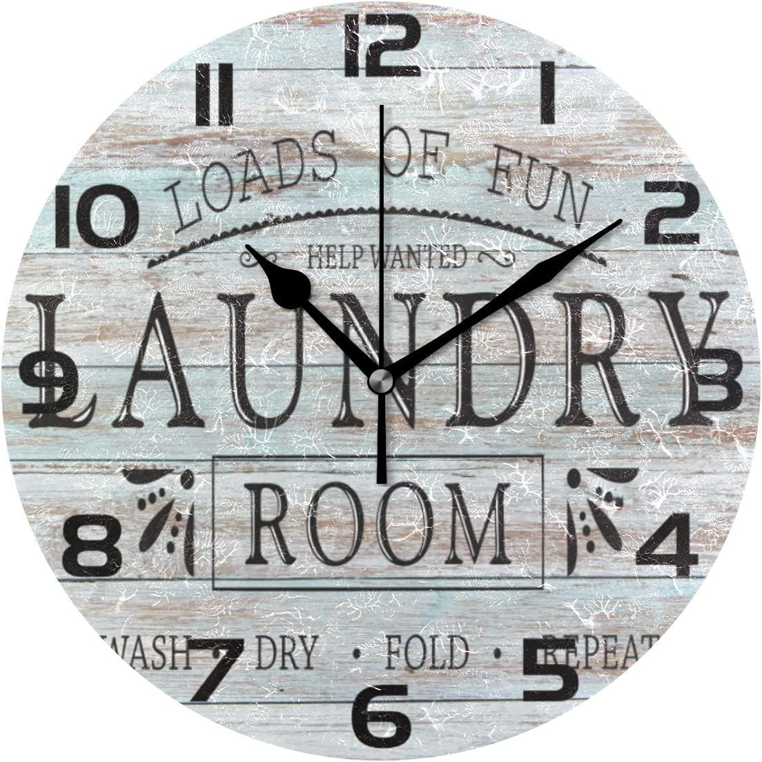 Laundry Room Wood Clock Silent Wall Clock Non-Ticking Round Desk Clock Battery Operated for Home Office Bedroom Decor