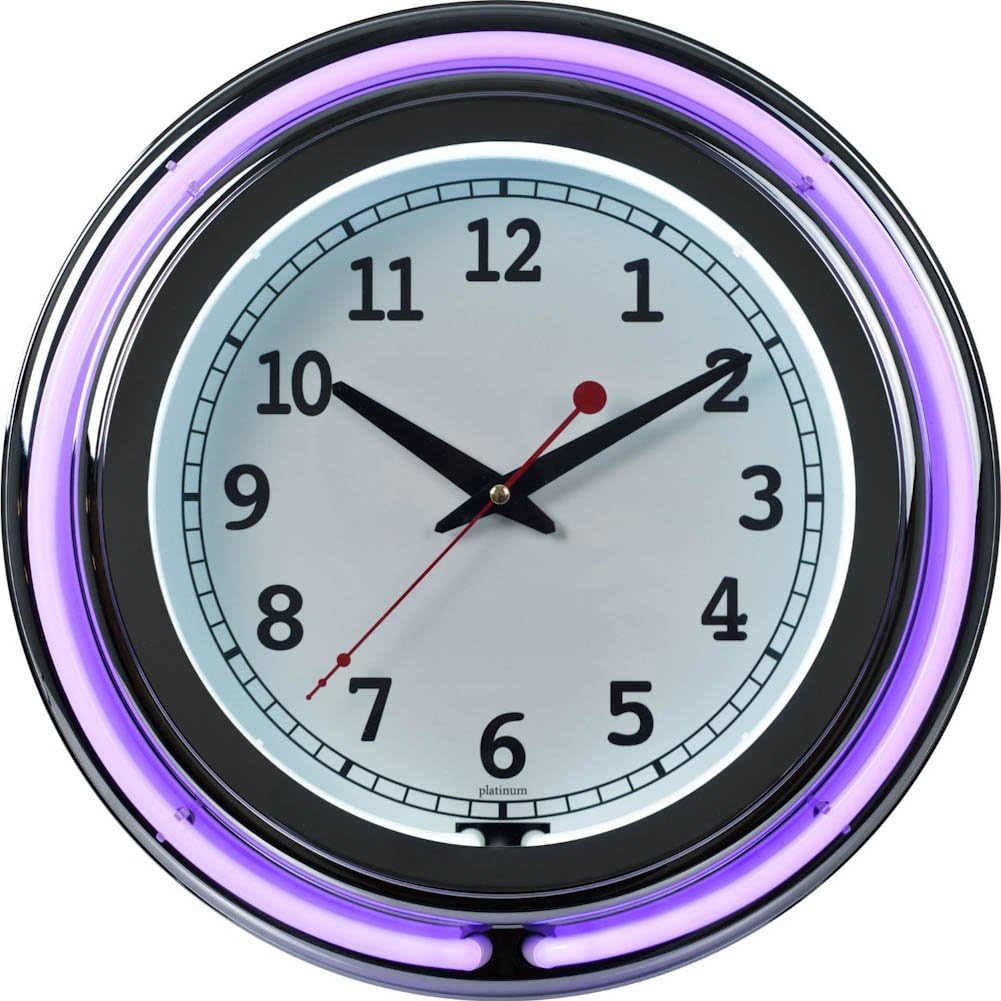 Lavish Home Retro Neon Wall Clock - Battery Operated Wall Clock Vintage Bar Garage Kitchen Game Room – 14 Inch Round Analog (Purple and White)