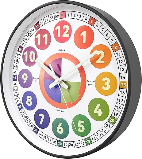 Learning Clock for kids, Glow in The Dark Wall Clock for Bedroom, 12 Inch Silent Night Light Kids Wall Clock, Colorful Illuminated Telling Time Teaching Clock,Kids Room Decor (Illuminated Gray)