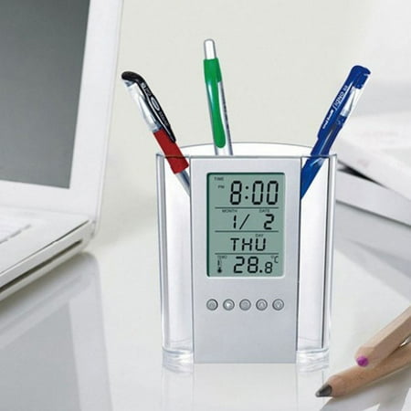 Leather Pen 4 Pens -Functions Desk Pen Holder LCD Display Alarm Clock Calendar